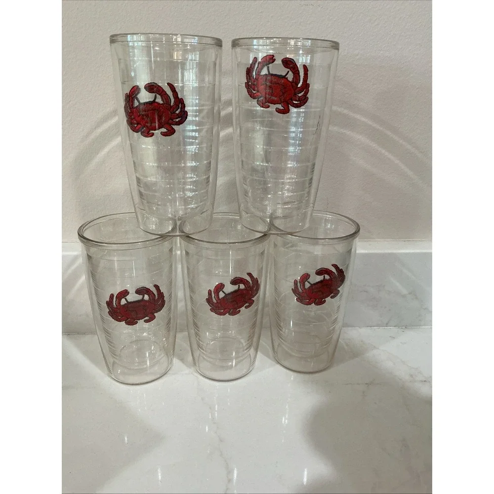 Tervis 16 oz Tumblers Lot of 5 Embroidered Red Crab Insulated Beach Lakehouse